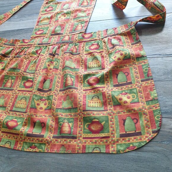 Vintage Handmade Country Kitchen Print Apron Adjustable Ties Teapot 9" Opening - Picture 4 of 9